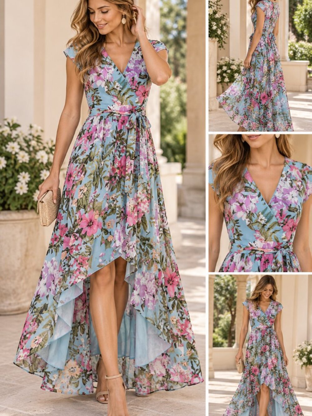 Eliza J Floral High Low Maxi Dress Blue Pink Chiffon Faux Wrap Tie Waist NWT